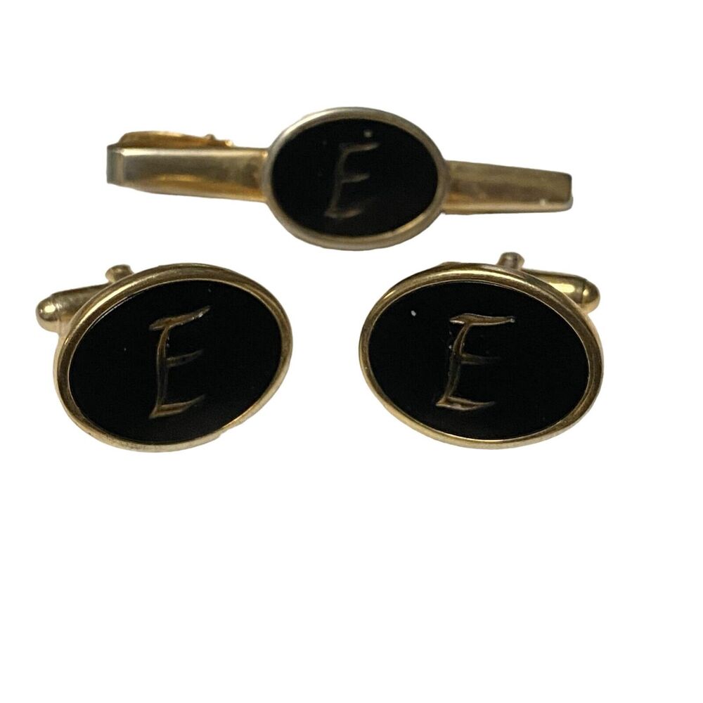 Anson Men's Cufflinks Set Tie Bar CLIP Black‎ and Gold Tone Initial E